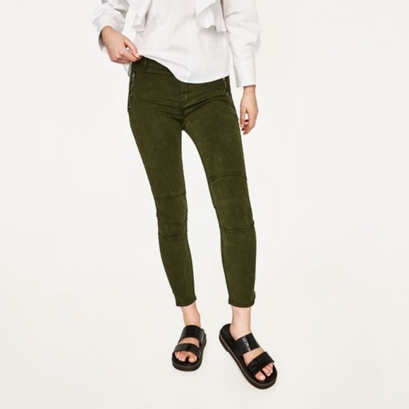 Zara  woman lyocel blend army green skinny pants - Picture 2 of 10